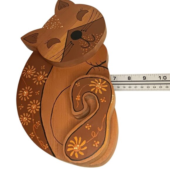 Vintage Wood Sleeping Cat Folk Art Hand Painted W/ Flowers Brown Orange Black** - Picture 9 of 12